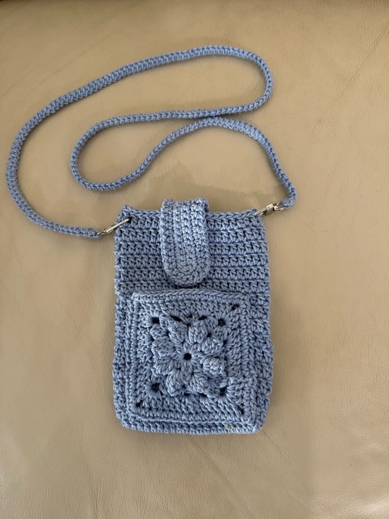 None Handbags - Light Blue Crochet Crossbody Phone Bag with Floral Front